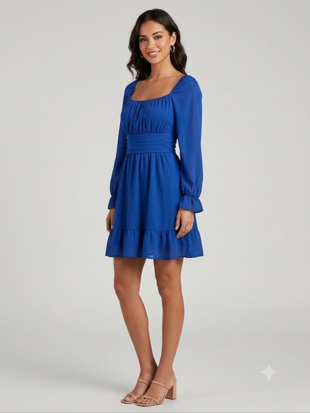 Exlura Blue Square-Neck Long-Sleeve Mini Dress, Size Medium